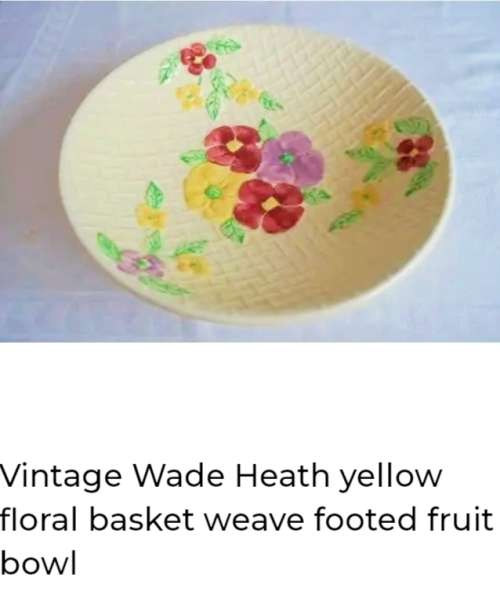 WADE HEATH Fruit bowl- ceramic basket weave Yellow with Pansy`s