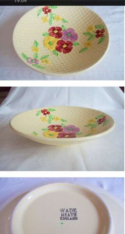 WADE HEATH Fruit bowl- ceramic basket weave Yellow with Pansy`s