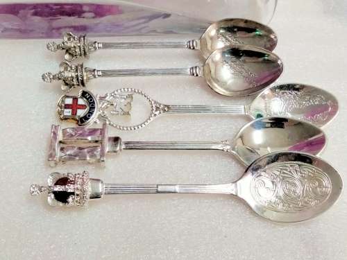 5 Silver Plate Teaspoons SOUVENIR 1 Stonehenge+ 3 Scepter1 Bridge charmLOOK at My BUY NOW*NO WAITING