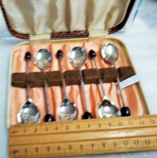 set boxed 6 Coffee bean Tea Spoons  Yeoman Plate EPNS England