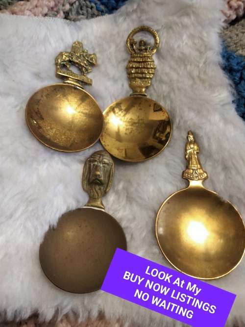 TEA CADDY Scoops - 4 Brass Esmeralda Chaucer Jenny Jones Dog LOOK At My BUY NOW items NO WAITING