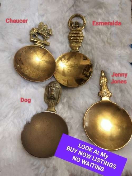 TEA CADDY Scoops - 4 Brass Esmeralda Chaucer Jenny Jones Dog LOOK At My BUY NOW items NO WAITING