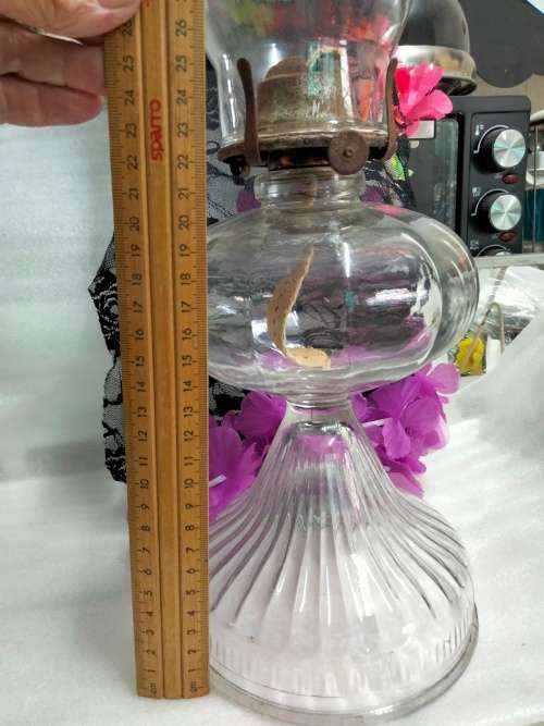Antique Oil Lamp base rib glass design middle Boulbus holds brass mechanism Top glass fits into it
