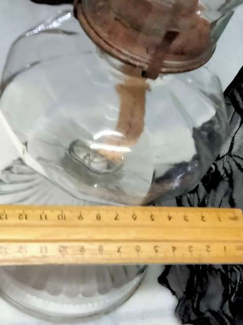 Antique Oil Lamp base rib glass design middle Boulbus holds brass mechanism Top glass fits into it
