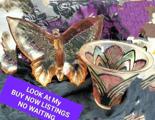 Carnival Glass dish - 1 BUTTERFLY  Beautiful+1 small lampshade  hand painted some damaged