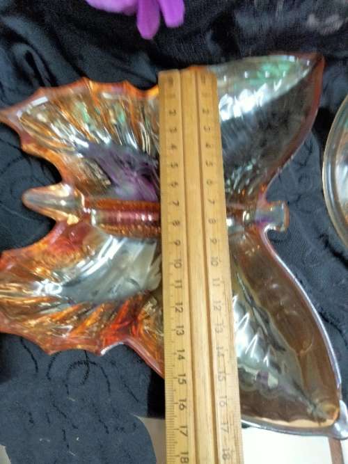 Carnival Glass dish - 1 BUTTERFLY  Beautiful+1 small lampshade  hand painted some damaged