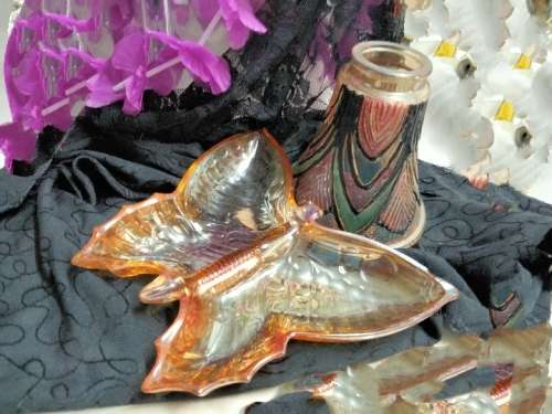 Carnival Glass dish - 1 BUTTERFLY  Beautiful+1 small lampshade  hand painted some damaged