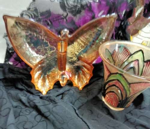 Carnival Glass dish - 1 BUTTERFLY  Beautiful+1 small lampshade  hand painted some damaged