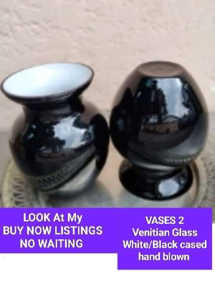 Vases 2 Venitian Glass Black/White cased Hand Blown Look at my Buy Now listings No Waiting