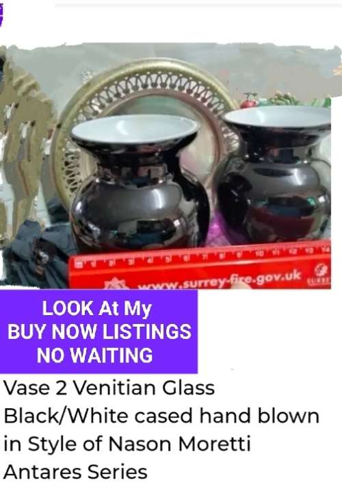 Vases 2 Venitian Glass Black/White cased Hand Blown Look at my Buy Now listings No Waiting