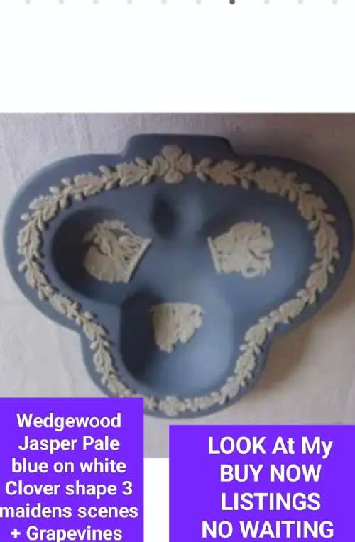WEDGEWOOD Jasper dish Clover leaf*3 diff.Maiden GrVines white on blue*LOOK At My BUY NOW *NO WAITING