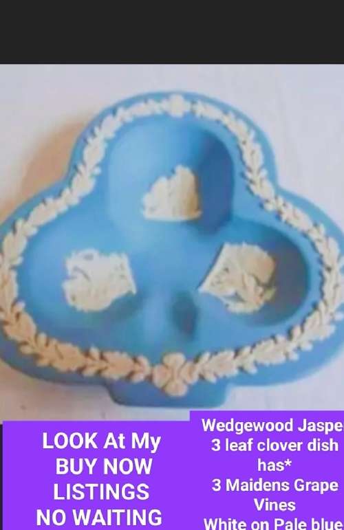WEDGEWOOD Jasper dish Clover leaf*3 diff.Maiden GrVines white on blue*LOOK At My BUY NOW *NO WAITING