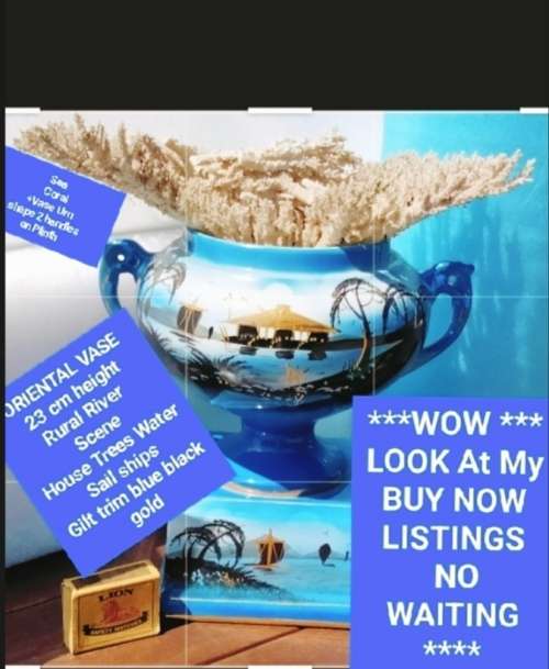 Vase Ceramic*ORIENTAL+Sea CORAL*Sailing Scene Blue Black GILT*LOOK At My BUY NOW listings NO WAITING