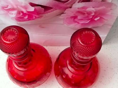 2 RUBY RED Vintage STYLE Modern Glass Decanter+Stoppers from China LOOK At My BUY NOW - NO WAITING