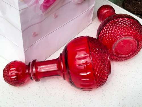 2 RUBY RED Vintage STYLE Modern Glass Decanter+Stoppers from China LOOK At My BUY NOW - NO WAITING