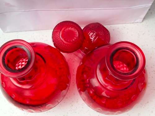 2 RUBY RED Vintage STYLE Modern Glass Decanter+Stoppers from China LOOK At My BUY NOW - NO WAITING
