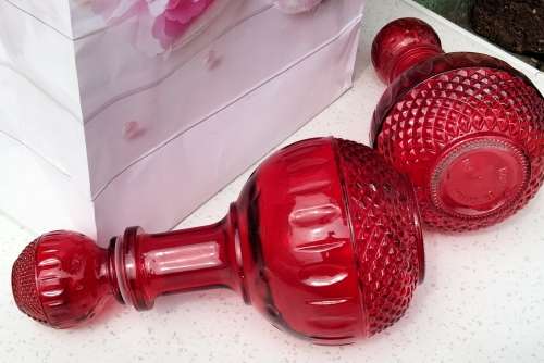 2 RUBY RED Vintage STYLE Modern Glass Decanter+Stoppers from China LOOK At My BUY NOW - NO WAITING