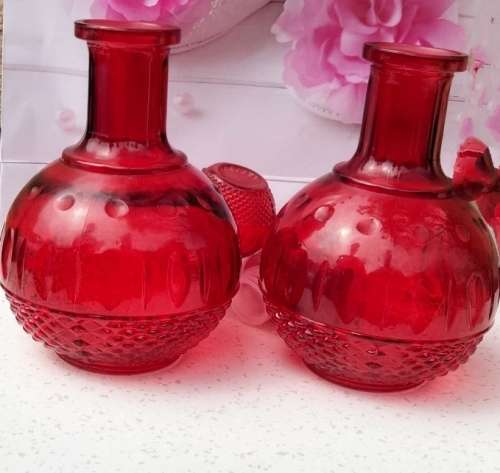 2 RUBY RED Vintage STYLE Modern Glass Decanter+Stoppers from China LOOK At My BUY NOW - NO WAITING