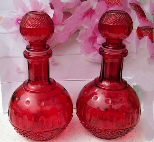 2 RUBY RED Vintage STYLE Modern Glass Decanter+Stoppers from China LOOK At My BUY NOW - NO WAITING