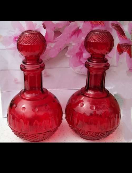 2 RUBY RED Vintage STYLE Modern Glass Decanter+Stoppers from China LOOK At My BUY NOW - NO WAITING