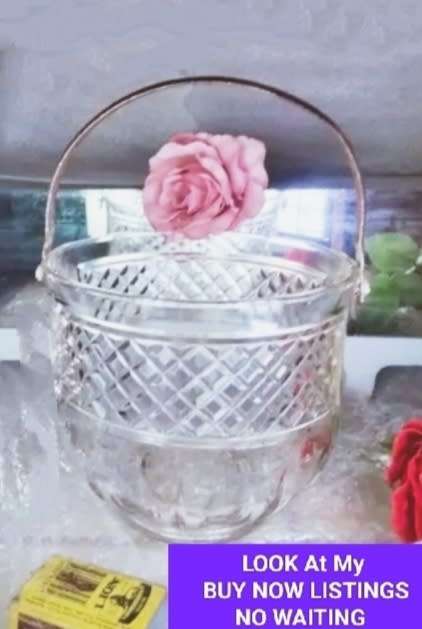 Ice bucket VINTAGE glass diamond design has hammered handle metal LOOK At My BUY NOW LISTING