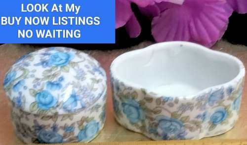 Box Pill  Lidded + Box Trinket no lid Pretty blue flowers  LOOK At My BUY NOW LISTINGS NO WAITING