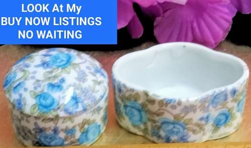 Box Pill  Lidded + Box Trinket no lid Pretty blue flowers  LOOK At My BUY NOW LISTINGS NO WAITING