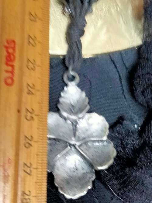 NECKLACE -Flower Silver Tone Metal small central stone Cord has black faceted beads LOOK At My BUY