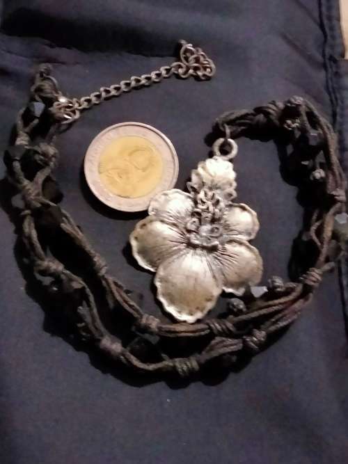 NECKLACE -Flower Silver Tone Metal small central stone Cord has black faceted beads LOOK At My BUY