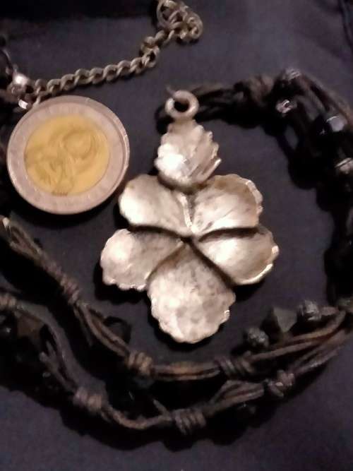 NECKLACE -Flower Silver Tone Metal small central stone Cord has black faceted beads LOOK At My BUY
