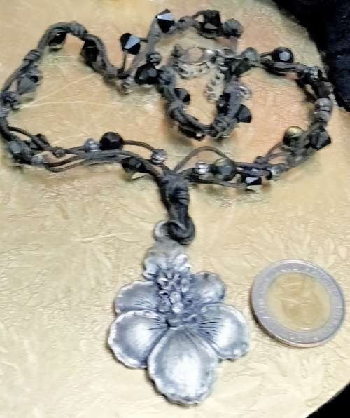 NECKLACE -Flower Silver Tone Metal small central stone Cord has black faceted beads LOOK At My BUY