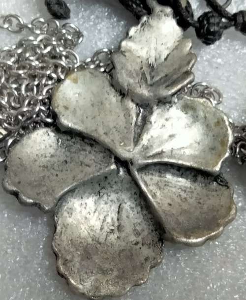 NECKLACE -Flower Silver Tone Metal small central stone Cord has black faceted beads LOOK At My BUY