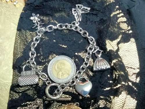 BRACELET Silver Tone Metal chain with Charms LOOK At My BUY NOW LISTINGS NO WAITING