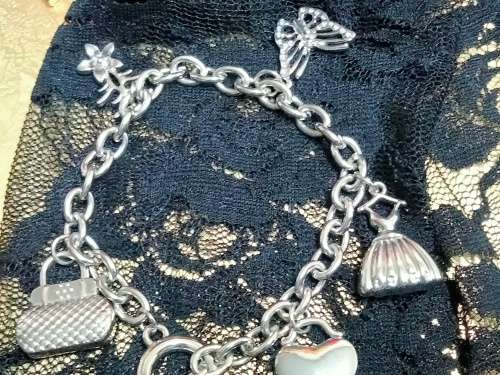 BRACELET Silver Tone Metal chain with Charms LOOK At My BUY NOW LISTINGS NO WAITING