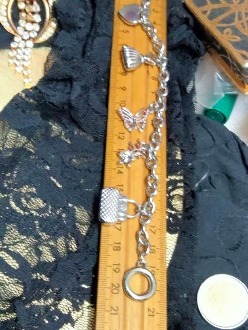 BRACELET Silver Tone Metal chain with Charms LOOK At My BUY NOW LISTINGS NO WAITING