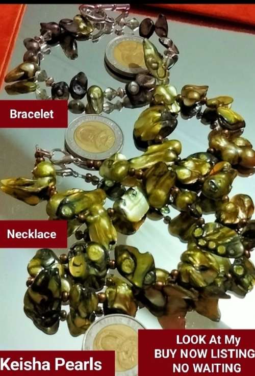 Necklace+ bracelet - Keisha -Fresh Water Pearls  Golden Green Look at my Buy Now -No Waiting