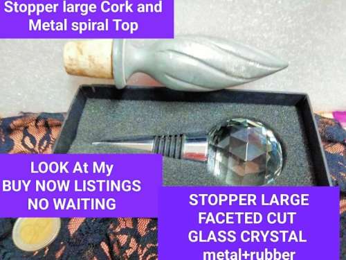 2 Stoppers 1 Large faceted cut glass Crystal Orb top bottom metal rubber+1Cork StopperTopMetal Flame