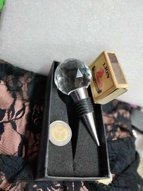 2 Stoppers 1 Large faceted cut glass Crystal Orb top bottom metal rubber+1Cork StopperTopMetal Flame