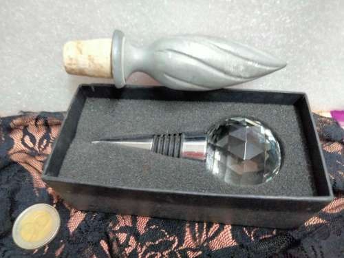 2 Stoppers 1 Large faceted cut glass Crystal Orb top bottom metal rubber+1Cork StopperTopMetal Flame