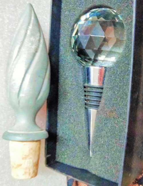 2 Stoppers 1 Large faceted cut glass Crystal Orb top bottom metal rubber+1Cork StopperTopMetal Flame