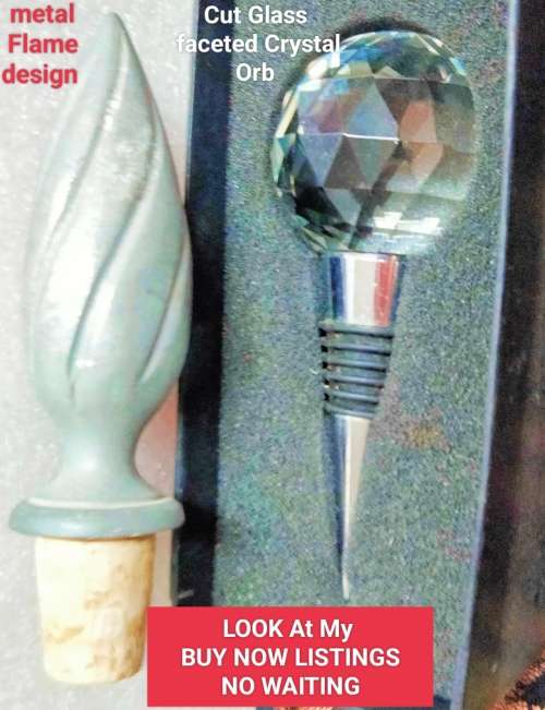 2 Stoppers 1 Large faceted cut glass Crystal Orb top bottom metal rubber+1Cork StopperTopMetal Flame