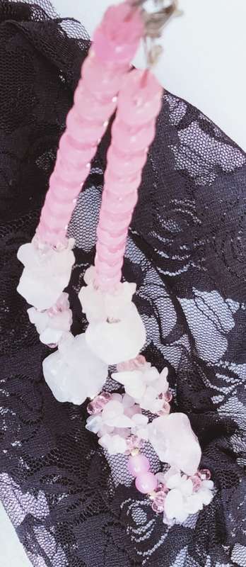 Necklace-Rose Quartz 4 DRUZY +6 drops Chips Pink faceted Cut glass Crystals