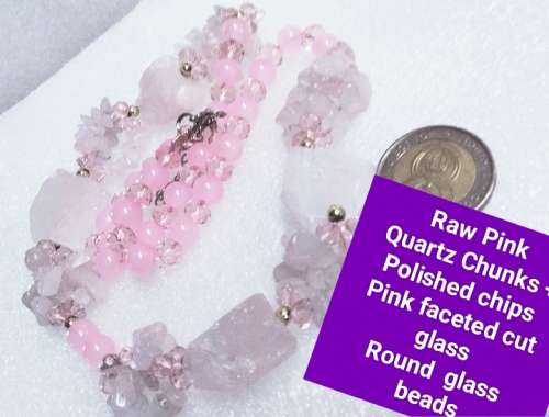 Necklace-Rose Quartz 4 DRUZY +6 drops Chips Pink faceted Cut glass Crystals