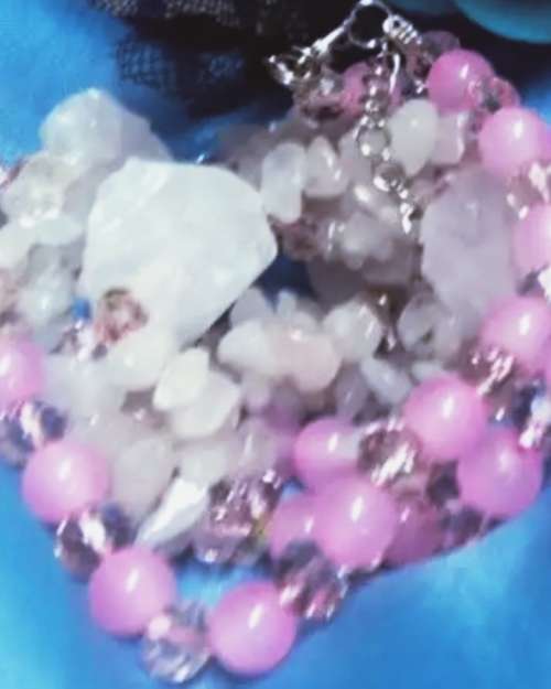 Necklace-Rose Quartz 4 DRUZY +6 drops Chips Pink faceted Cut glass Crystals