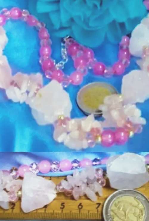 Necklace-Rose Quartz 4 DRUZY +6 drops Chips Pink faceted Cut glass Crystals