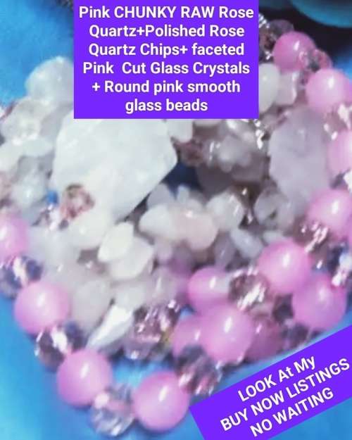 Necklace-Rose Quartz 4 DRUZY +6 drops Chips Pink faceted Cut glass Crystals