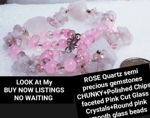 Necklace-Rose Quartz 4 DRUZY +6 drops Chips Pink faceted Cut glass Crystals