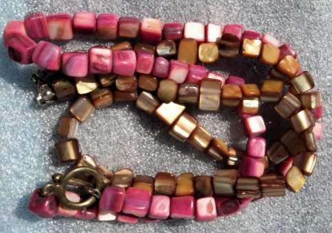 2 Necklaces  -Gemstones Maroon PINK Art deco style Cube Indian Agate sq+I Gold Brown.