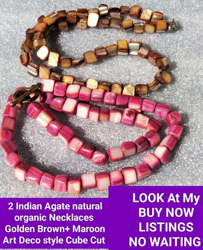 2 Necklaces  -Gemstones Maroon PINK Art deco style Cube Indian Agate sq+I Gold Brown.