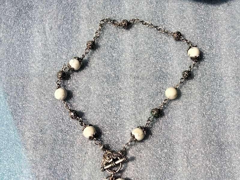 Necklace - Heart Marble Rose Toggle worn to front dangles spacers VTG style Silver Tone metal